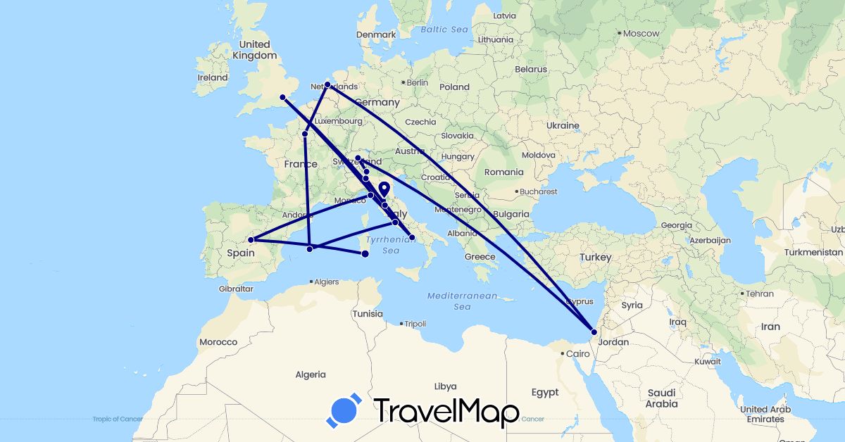 TravelMap itinerary: driving in Switzerland, Spain, France, United Kingdom, Israel, Italy, Netherlands (Asia, Europe)